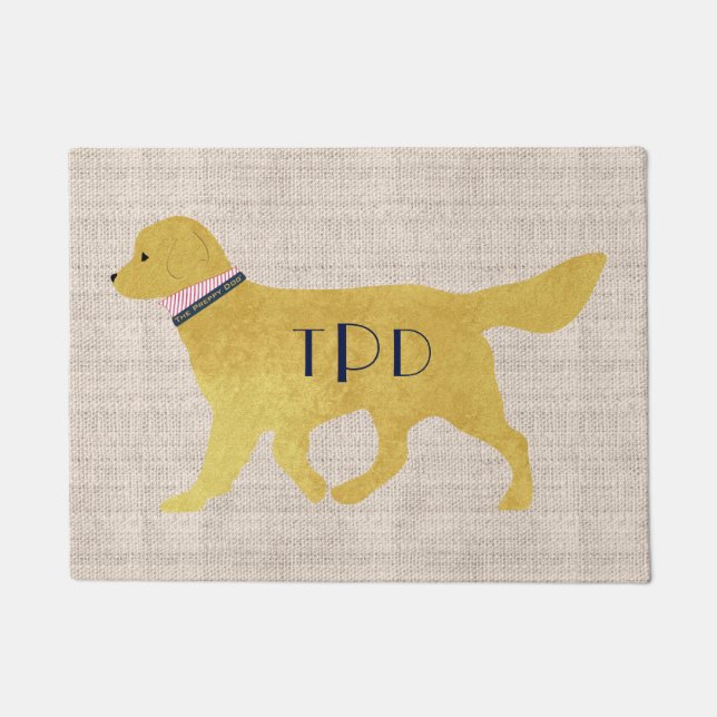 Navy Monogram Preppy Golden Retriever Tan Jute Deurmat (Voorkant)