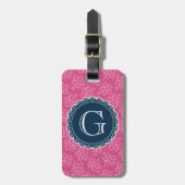 Navy Monogram roze Hibiscus Pattern Bagagelabel (Voorkant verticaal)