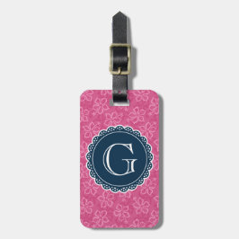 Navy Monogram roze Hibiscus Pattern Bagagelabel