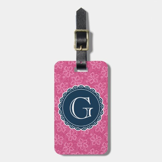 Navy Monogram roze Hibiscus Pattern Bagagelabel (Voorkant verticaal)