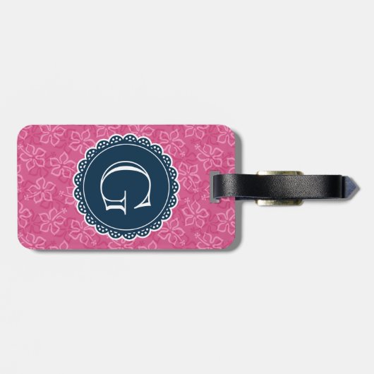 Navy Monogram roze Hibiscus Pattern Bagagelabel (Achterkant horizontaal)