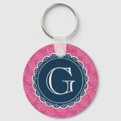 Navy Monogram roze Hibiscus Pattern Sleutelhanger (Voorkant)
