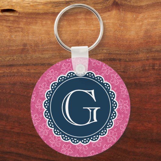 Navy Monogram roze Hibiscus Pattern Sleutelhanger (Voorkant)