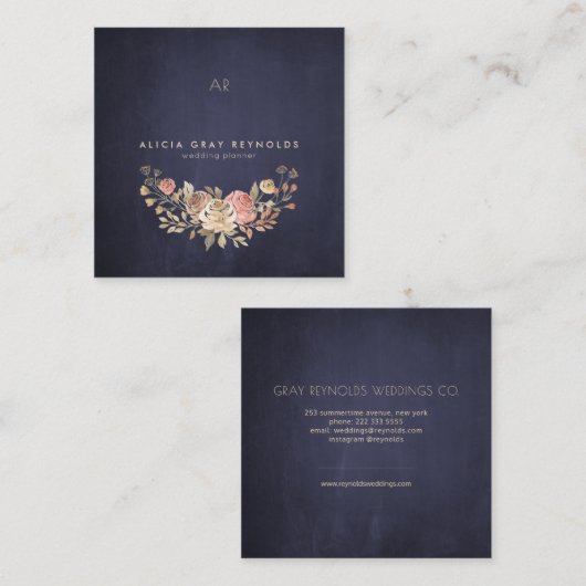Navy Monogram Waterverf Bloemen Bruiloft Planner Vierkante Visitekaartje (Voorkant / Achterkant)