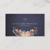 Navy Monogram Waterverf Bloemen Bruiloft Planner Visitekaartje (Voorkant)