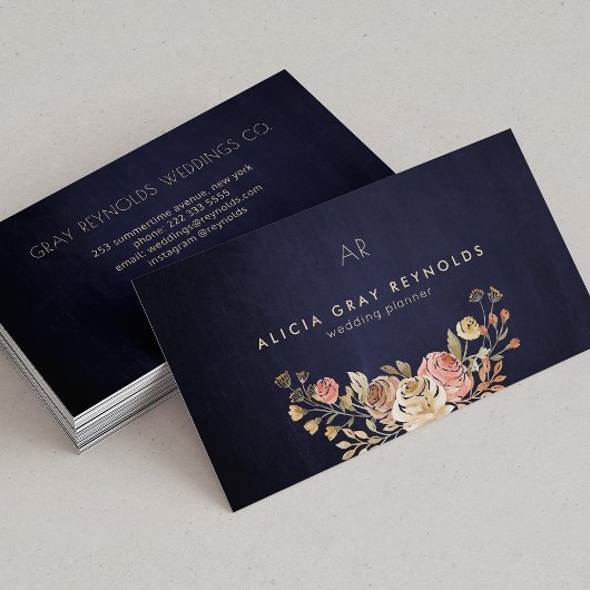 Navy Monogram Waterverf Bloemen Bruiloft Planner Visitekaartje