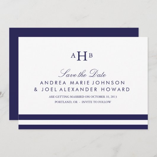 Navy Monogram Wedding Save the Date (Voorkant / Achterkant)