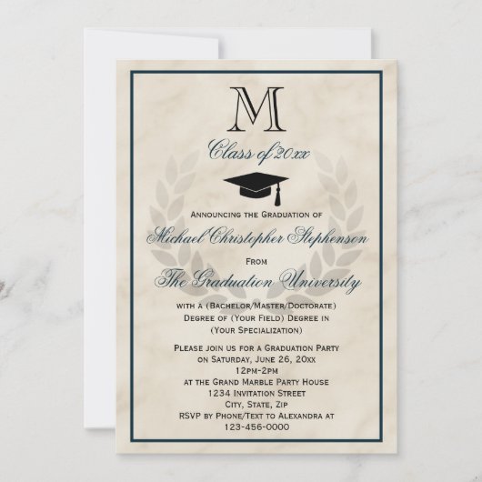 Navy Monogram Wreath Classic College Afstuderen Kaart (Voorkant)