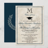 Navy Monogram Wreath Classic College Afstuderen Kaart (Voorkant / Achterkant)