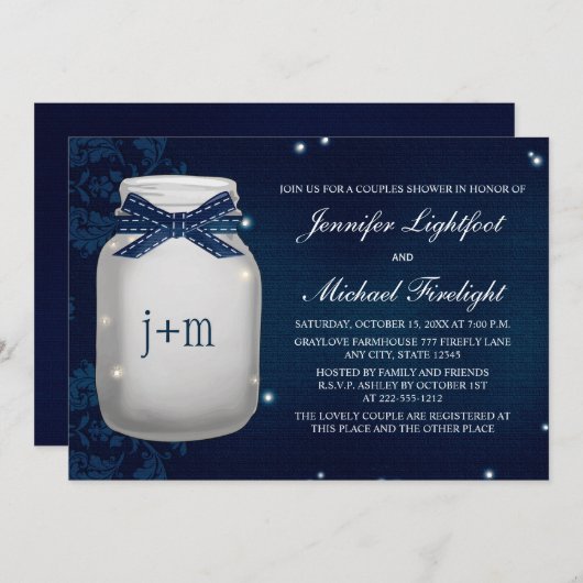 Navy Monogrammed Firefly Mason Jar Couples Shower Kaart (Voorkant / Achterkant)