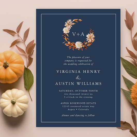 Navy Monogrammed Wedding Kaart