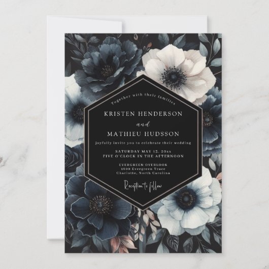 Navy Moody Bloom Bruiloft Kaart (Voorkant)