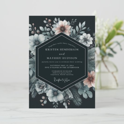 Navy Moody Bloom Wedding Kaart (Staand voorkant)