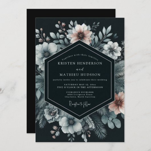 Navy Moody Bloom Wedding Kaart (Voorkant / Achterkant)