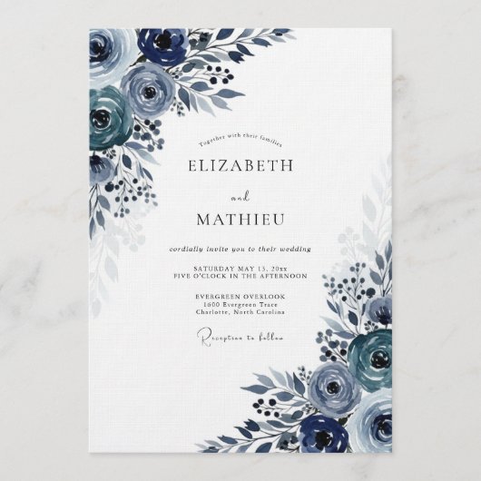 Navy Moody Bloom Wedding Kaart (Voorkant)