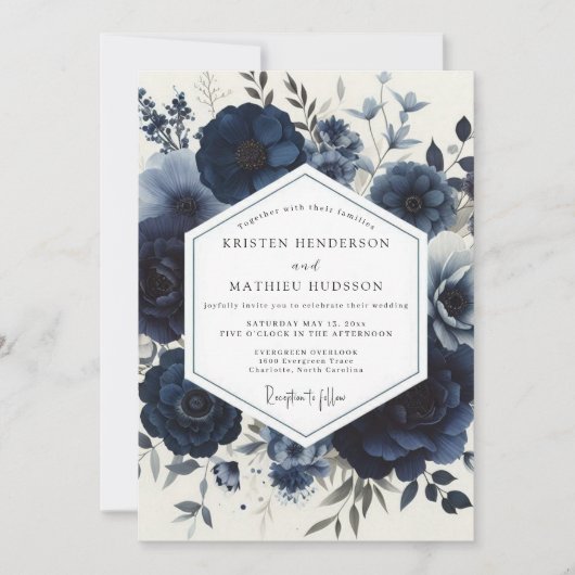 Navy Moody Floral Wedding Kaart (Voorkant)