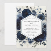 Navy Moody Floral Wedding Kaart (Voorkant / Achterkant)