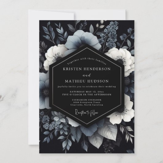 Navy Moody Florale Bruiloft Kaart (Voorkant)