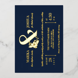 Navy Mooie Bloemen Ampersand Typografie Bruiloft Folie Uitnodiging