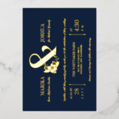 Navy Mooie Bloemen Ampersand Typografie Bruiloft Folie Uitnodiging (Voorkant)