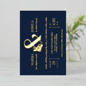 Navy Mooie Bloemen Ampersand Typografie Bruiloft Folie Uitnodiging (Staand Voorkant)