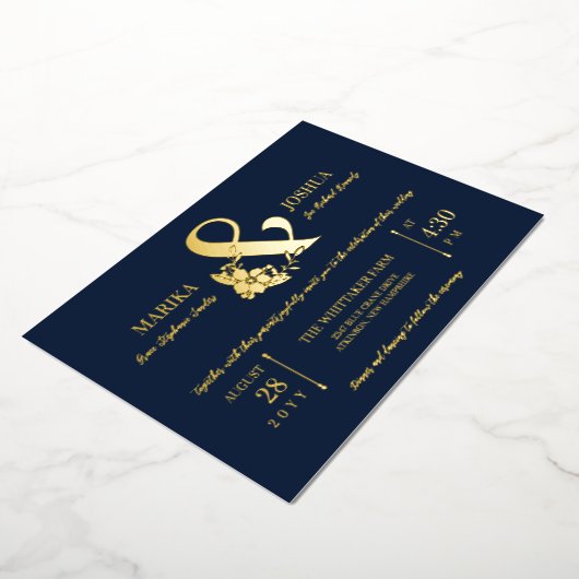 Navy Mooie Bloemen Ampersand Typografie Bruiloft Folie Uitnodiging (Gedraaid)