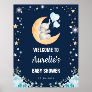 Navy Moon Olifant Balloon Boy Baby shower Welkom Poster