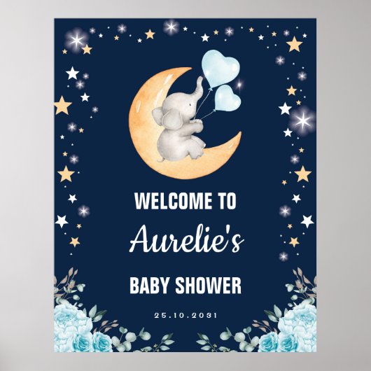 Navy Moon Olifant Balloon Boy Baby shower Welkom Poster (Voorkant)