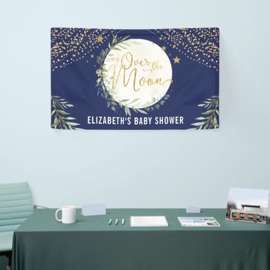 Navy Moon Star Greenery Gold Baby shower Welkom Spandoek (Beurs)
