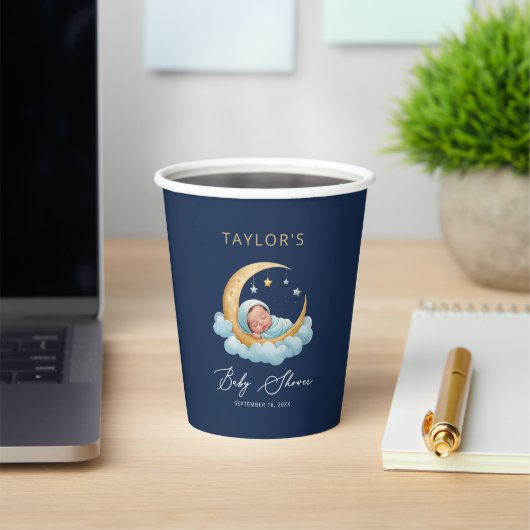 Navy Moon Stars Celestial Baby Shower Paper Cups Papieren Bekers (Insitu)