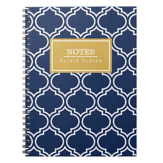 Navy Moroccan Pattern Gold Name Sjabloon Notitieboek (Voorkant)