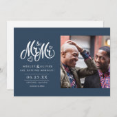 Navy Mr. & Mr. Script - Sla de datum op met foto Save The Date (Voorkant / Achterkant)