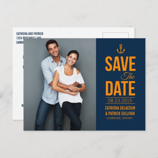 NAVY & MUSTARD NAUTICAL SAVE the DATE BRIEFKAART (Voorkant / Achterkant)