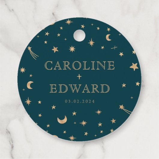 Navy Mystiek Gouden Sterren Maan Astronomie Bruilo Bedankjes Labels (Achterkant)