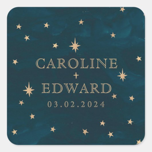 Navy Mystiek Gouden Sterren Maan Astronomie Bruilo Vierkante Sticker (Voorkant)
