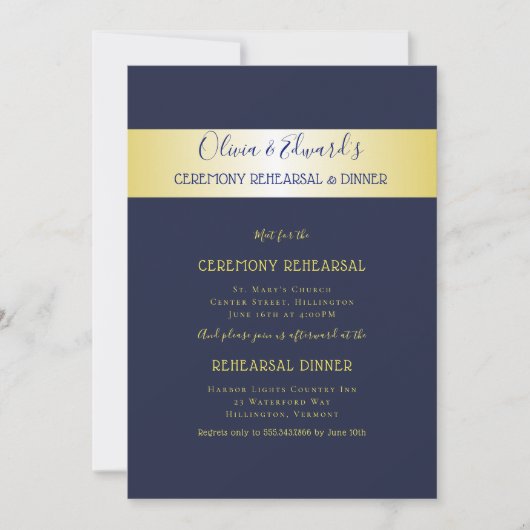 Navy n Gold Elegant Rehearsal Dinner Invitation Kaart (Voorkant)