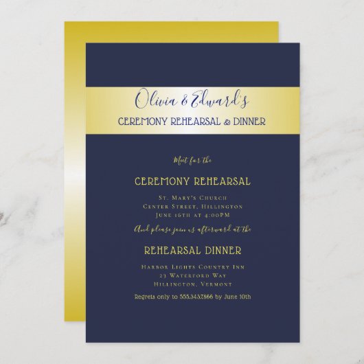 Navy n Gold Elegant Rehearsal Dinner Invitation Kaart (Voorkant / Achterkant)