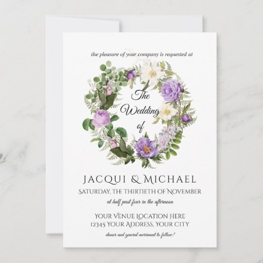 Navy n Lavendel Ivoor Rozen w Varen Krans Bruiloft Kaart (Voorkant)