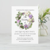 Navy n Lavendel Ivoor Rozen w Varen Krans Bruiloft Kaart (Staand voorkant)