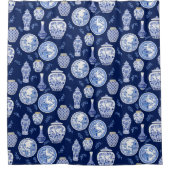 Navy n White Floral Ginger Jar Asian  Decor Douchegordijn (Voorkant)