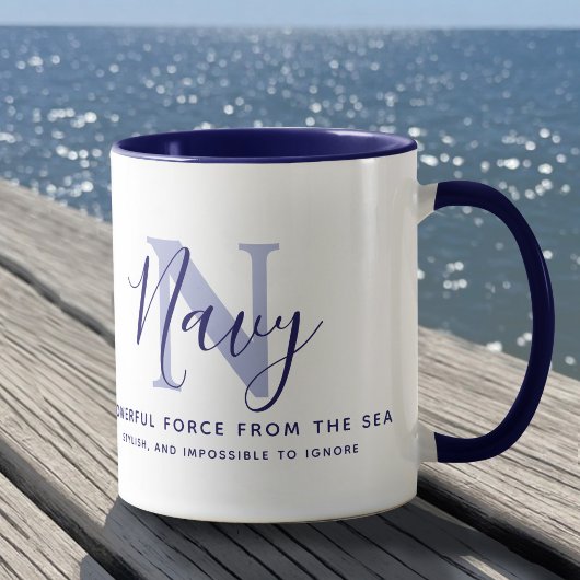 Navy naam betekenis en monogram blauwe tekst mok
