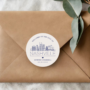 Navy Nashville Skyline Huwelijkswelkom Ronde Sticker