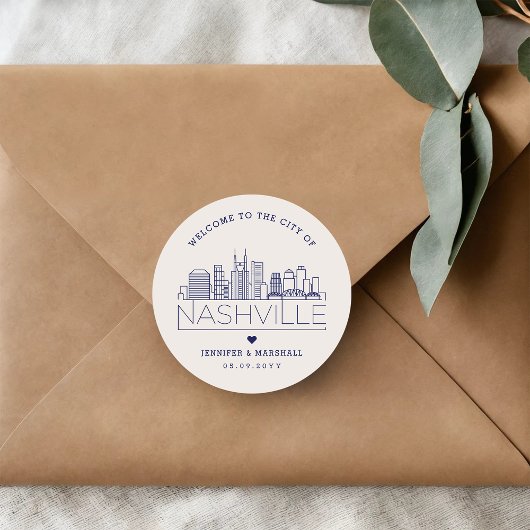 Navy Nashville Skyline | Huwelijkswelkom Ronde Sticker