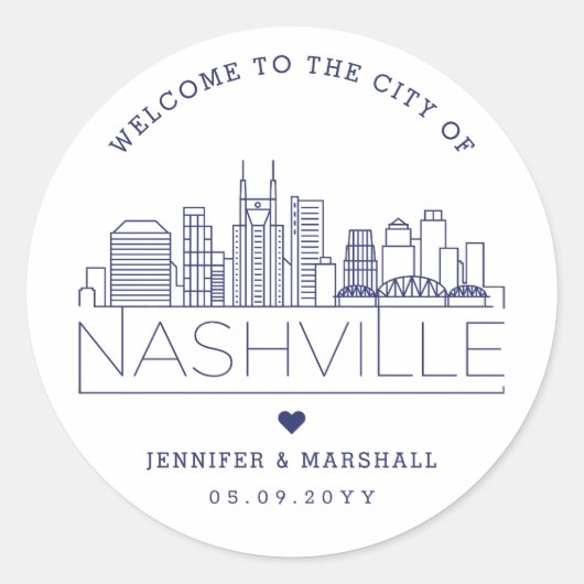 Navy Nashville Skyline | Huwelijkswelkom Ronde Sticker (Voorkant)