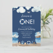 Navy Nautical 1e verjaardag uitnodiging (Staand voorkant)