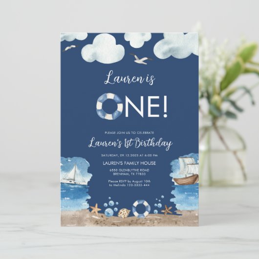 Navy Nautical 1e verjaardag uitnodiging (Staand voorkant)
