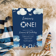 Navy Nautical 1e verjaardag uitnodiging