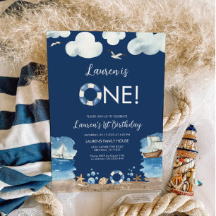 Navy Nautical 1e verjaardag uitnodiging