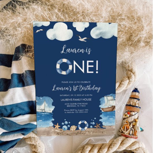 Navy Nautical 1e verjaardag uitnodiging