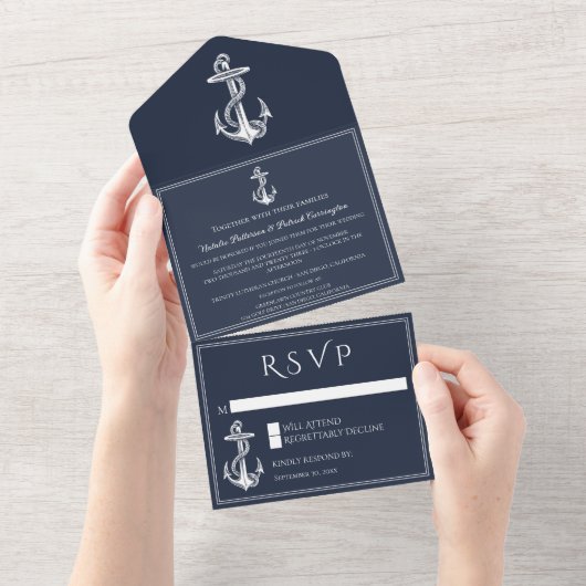 Navy Nautical Anchor All in One Wedding Invite Uitnodiging (Afscheurbaar)